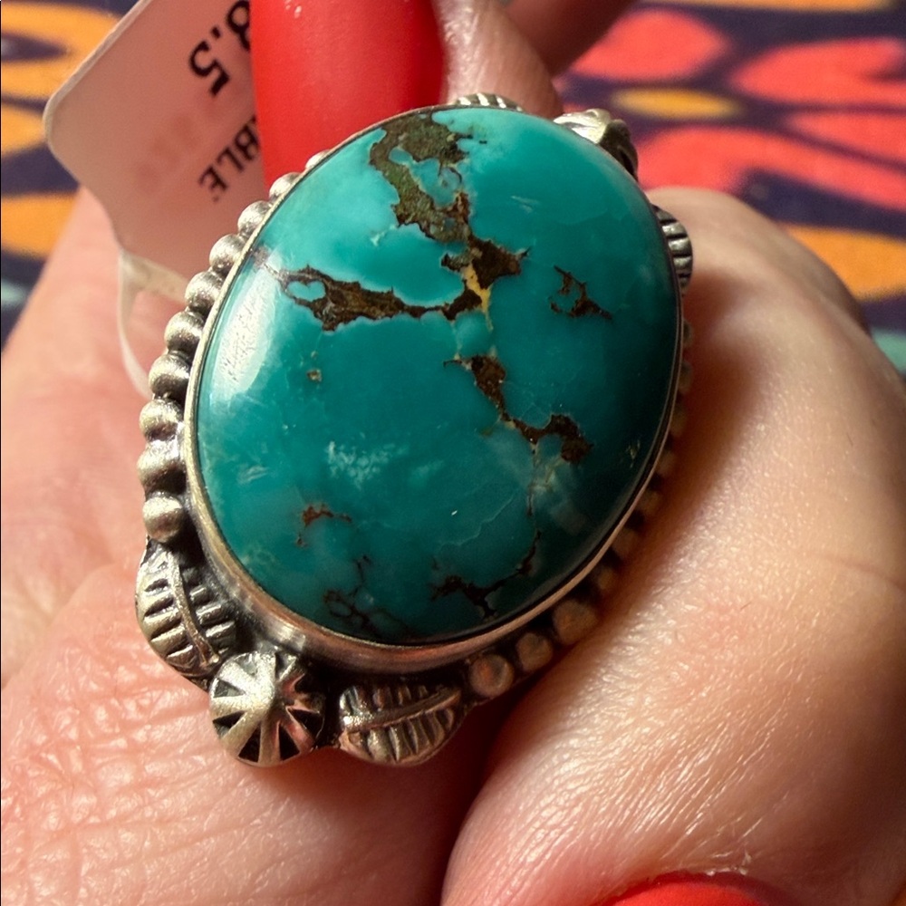 Turquoise Sterling Silver Statement Ring 925 adjustable band - Picture 6 of 7